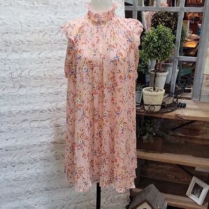 CODE x MODE Pink Multicolor Floral Smocked Babydoll Mini Shift Dress Womens L